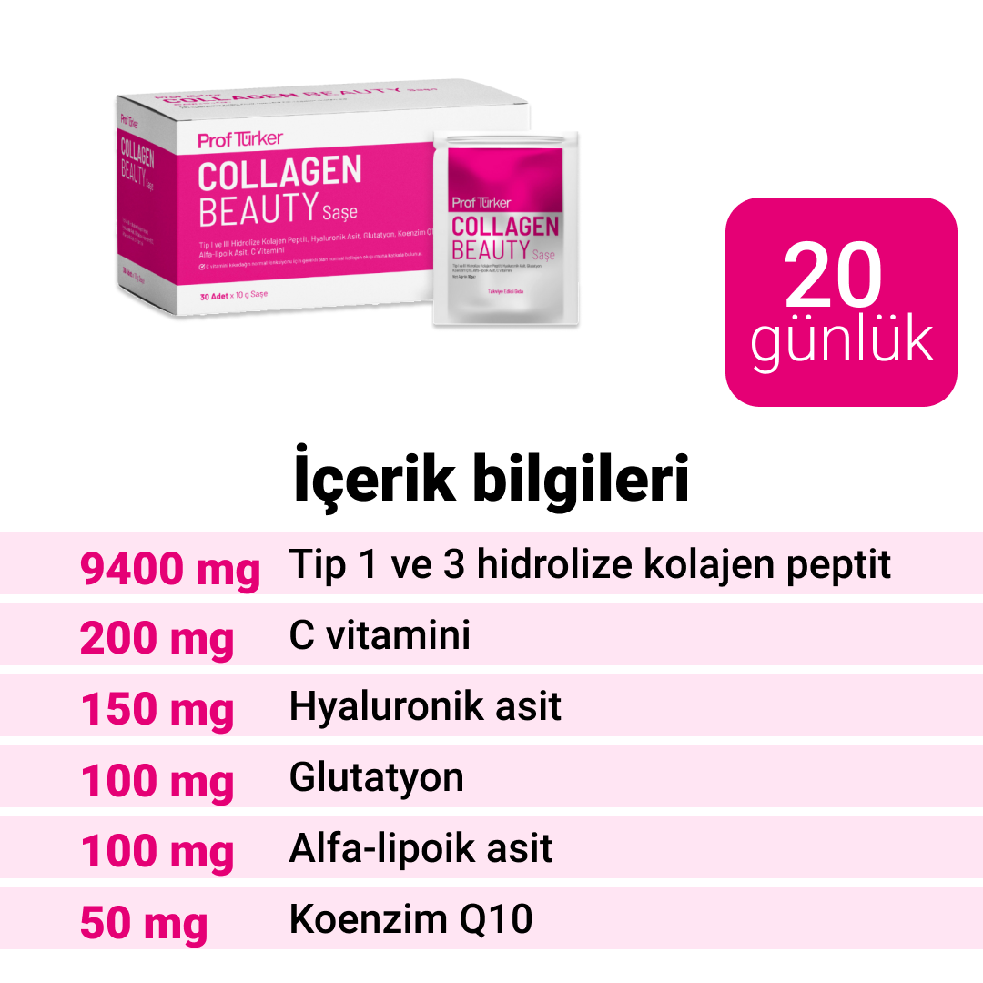ProfTürker Collagen Beauty 30 Saşe – Hyaluronik asit, Glutatyon, Alfa-lipoik asit, Koenzim Q10