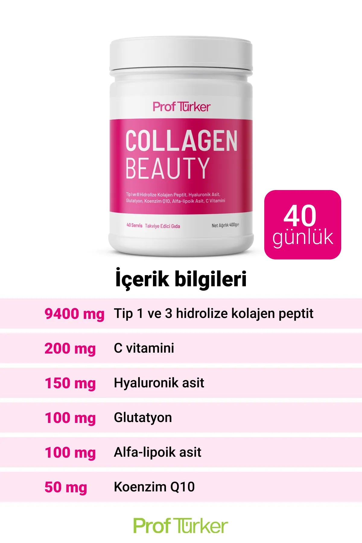 ProfTürker Collagen Beauty 400 g – Hyaluronik asit, Glutatyon, Alfa-lipoik asit, Koenzim Q10