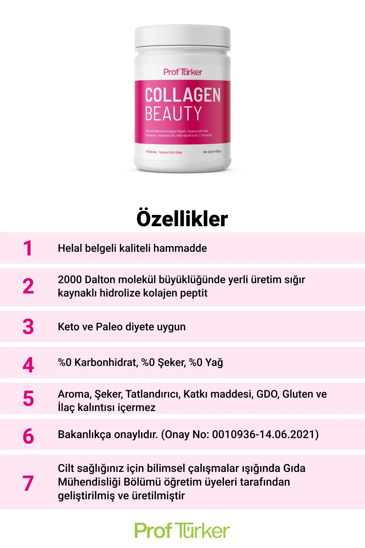 ProfTürker Collagen Beauty 400 g – Hyaluronik asit, Glutatyon, Alfa-lipoik asit, Koenzim Q10