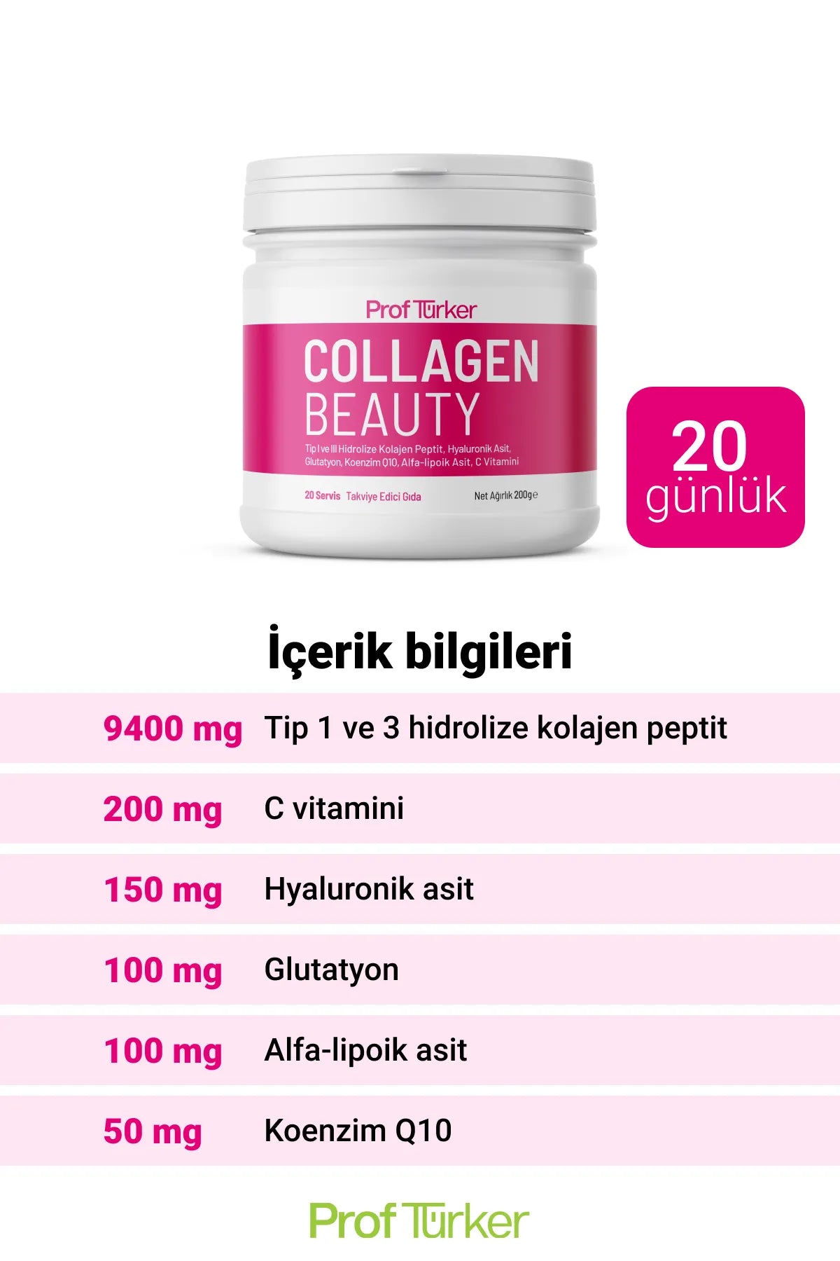 ProfTürker Collagen Beauty 200 g – Hyaluronik asit, Glutatyon, Alfa-lipoik asit, Koenzim Q10