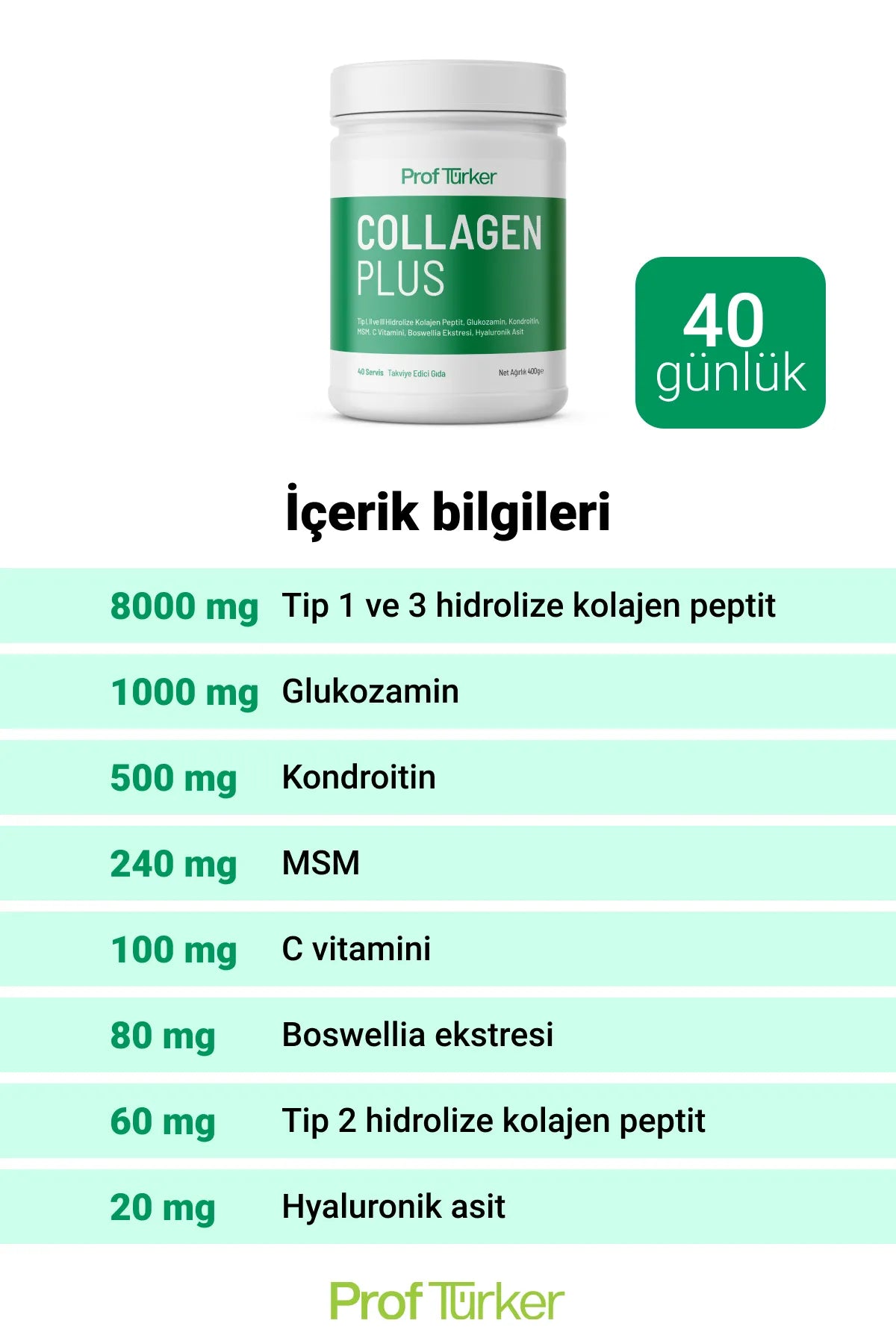 ProfTürker Collagen Plus 400 gr – Kolajen, Glukozamin, Kondroitin, MSM, Boswellia