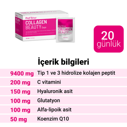 ProfTürker Collagen Beauty 30 Saşe – Hyaluronik asit, Glutatyon, Alfa-lipoik asit, Koenzim Q10